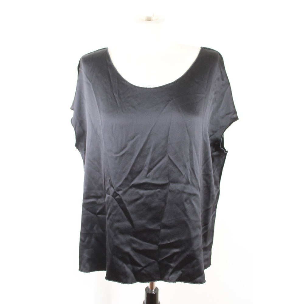 Margot Rozanska L Black Silk Satin Blouse Scoop Neck Seamed Edge Made in USA